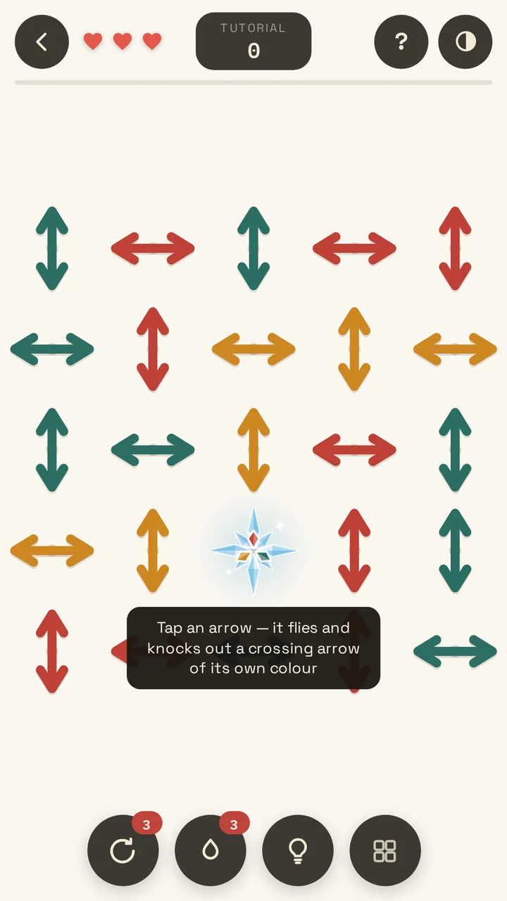 Level one: a five-by-five board, 24 arrows in three colours